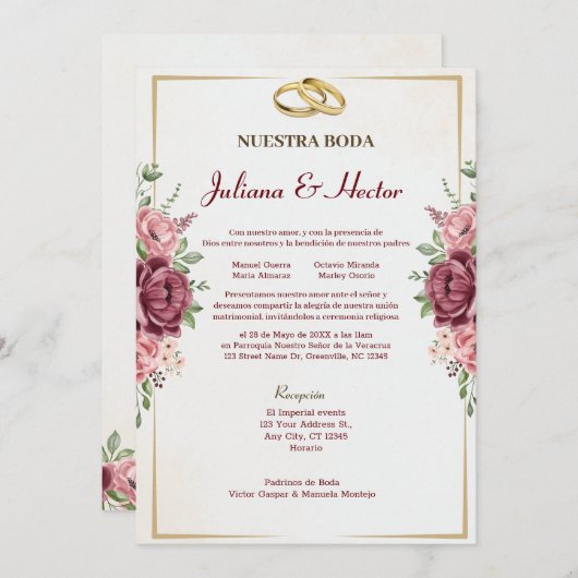 Hochzeit von Maroon und Gold Floral Einladung (Vorne/Hinten)