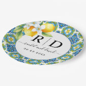 Hochzeit von mediterranen Kacheln und Zitronen Pappteller (Schrägansicht)