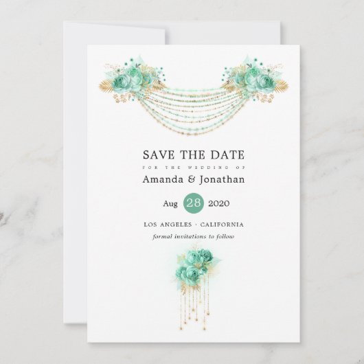 Hochzeit von Minze und Gold Floral Lights Save The Date (Vorderseite)