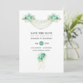 Hochzeit von Minze und Gold Floral Lights Save The Date (Stehend Vorderseite)