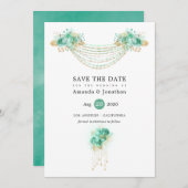 Hochzeit von Minze und Gold Floral Lights Save The Date (Vorne/Hinten)