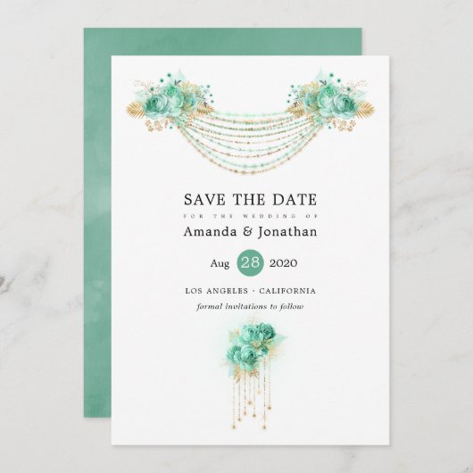 Hochzeit von Minze und Gold Floral Lights Save The Date (Vorne/Hinten)