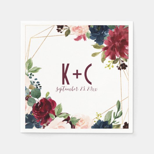 Hochzeit von Napkins | Burgundy & Navy Floral Geom Serviette (Vorderseite)