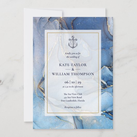 Hochzeit von Nautic Navy und Gold Agate Anchor Einladung (Vorderseite)