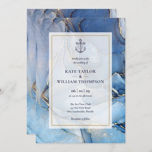 Hochzeit von Nautic Navy und Gold Agate Anchor Einladung (Vorne/Hinten)