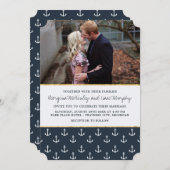 Hochzeit von Nautical Anchor Navy & Gold Foto Einladung (Vorne/Hinten)