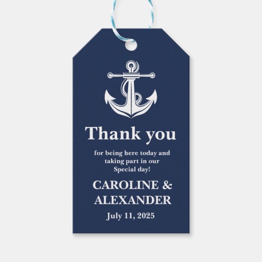 Hochzeit von Navy Blue Anchor Nautical Coastal Geschenkanhänger (Vorderseite)