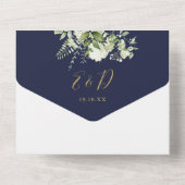 Hochzeit von Navy Blue and Gold Greenerity Monogra All In One Einladung (Rückseite)