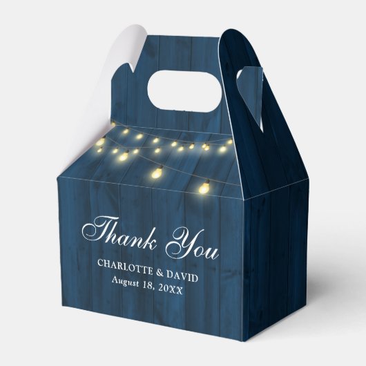 Hochzeit von Navy Blue Barn Wood String Lights Geschenkschachtel (Vorderseite)