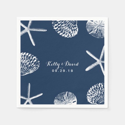 Hochzeit von Navy Blue Beach Seashells Serviette (Vorderseite)