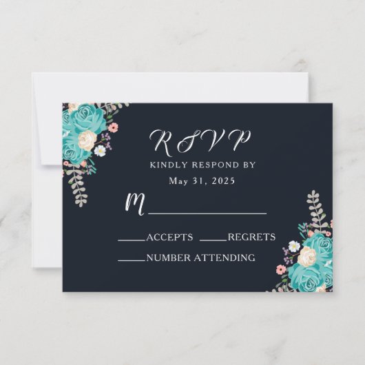 Hochzeit von Navy Blue Bluish Blume RSVP Karte (Vorderseite)