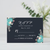 Hochzeit von Navy Blue Bluish Blume RSVP Karte (Stehend Vorderseite)