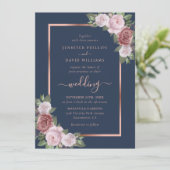 Hochzeit von Navy Blue Blush and Rose Gold Einladung (Stehend Vorderseite)