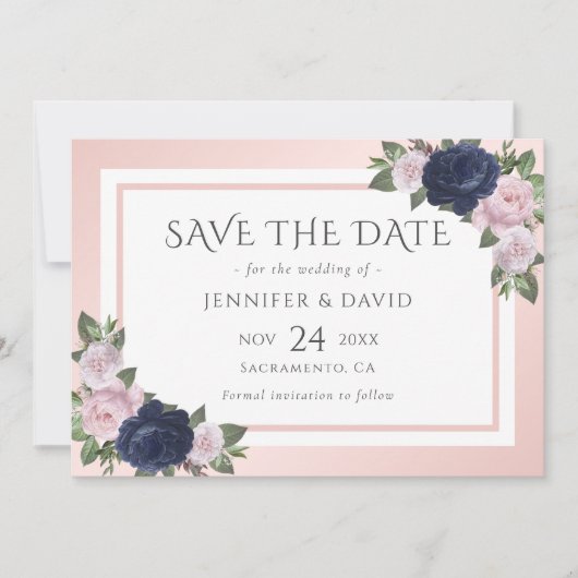 Hochzeit von Navy Blue Blush Pink Floral Save the  Date (Vorderseite)