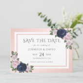 Hochzeit von Navy Blue Blush Pink Floral Save the  Date (Stehend Vorderseite)