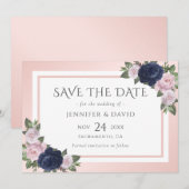 Hochzeit von Navy Blue Blush Pink Floral Save the  Date (Vorne/Hinten)