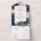 Hochzeit von Navy Blue & Blush Pink Floral Wedding All In One Einladung (Innen Boden)