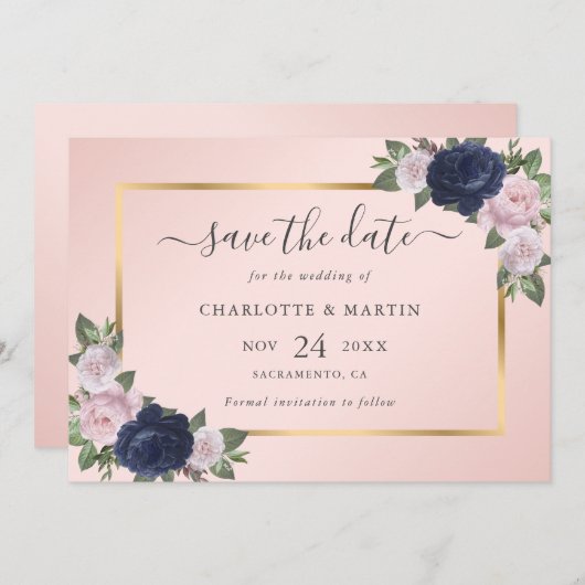 Hochzeit von Navy Blue Blush Pink Rose Gold Save The Date (Vorne/Hinten)