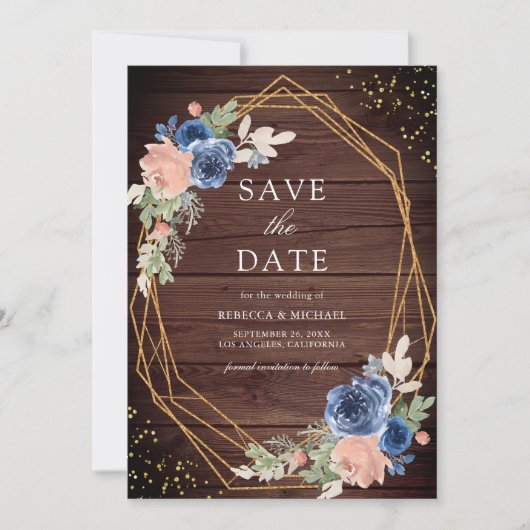 Hochzeit von Navy Blue Blush Pink Roses Barn Wood Save The Date (Vorderseite)