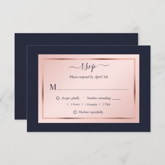 Hochzeit von Navy Blue Blush Rose RSVP Karte (Vorne/Hinten)