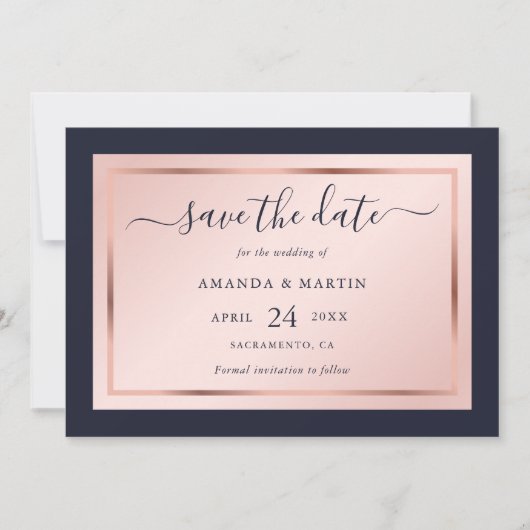 Hochzeit von Navy Blue Blush und Rose Gold Script Save The Date (Vorderseite)