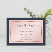 Hochzeit von Navy Blue Blush und Rose Gold Script Save The Date (Stehend Vorderseite)