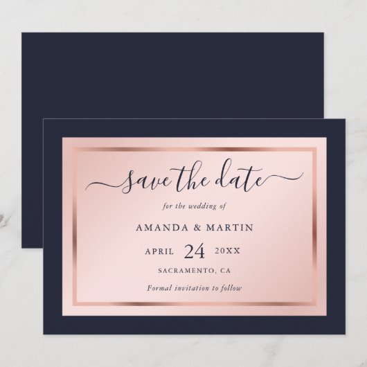 Hochzeit von Navy Blue Blush und Rose Gold Script Save The Date (Vorne/Hinten)