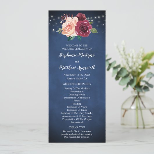 Hochzeit von Navy Blue Burgundy Floral String Ligh Programm (Stehend Vorderseite)