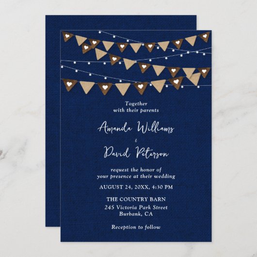 Hochzeit von Navy Blue Burlap Bunting String Light Einladung (Vorne/Hinten)
