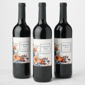 Hochzeit von Navy Blue Burnt Orange Floral Weinetikett (Flaschen)