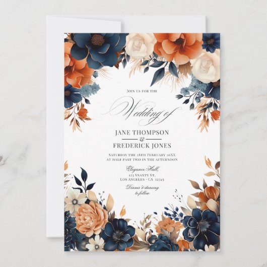 Hochzeit von Navy Blue, Burnt Orange und Champagne Einladung (Vorderseite)