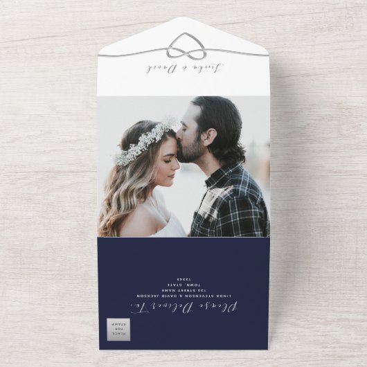 Hochzeit von Navy Blue Calligraphy All In One Einladung (Außenbereich)