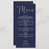 Hochzeit von Navy Blue Calligraphy Menükarte (Vorne/Hinten)
