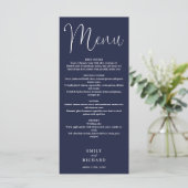 Hochzeit von Navy Blue Calligraphy Menükarte (Stehend Vorderseite)
