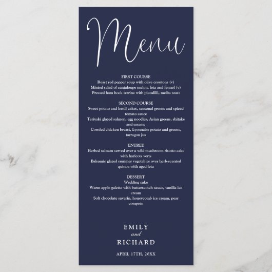 Hochzeit von Navy Blue Calligraphy Menükarte (Vorderseite)