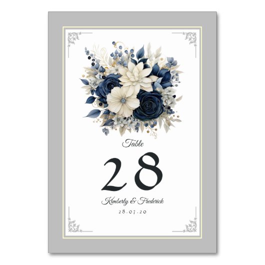 Hochzeit von Navy Blue, Cream und Silver Floral Tischnummer (Vorderseite)