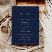 Hochzeit von Navy Blue Elegant Border & Monogram Einladung