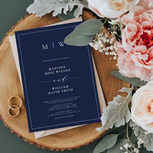 Hochzeit von Navy Blue Elegant Border & Monogram Einladung