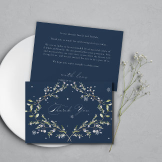 Hochzeit von Navy Blue Elegant Winter Wildblumen Dankeskarte