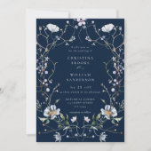 Hochzeit von Navy Blue Elegant Winter Wildblumen Einladung (Vorderseite)