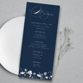 Hochzeit von Navy Blue Elegant Winter Wildblumen Menükarte