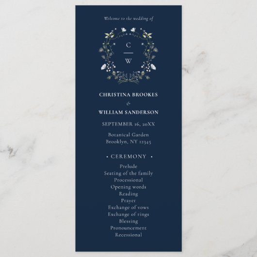 Hochzeit von Navy Blue Elegant Winter Wildblumen Programm (Vorderseite)