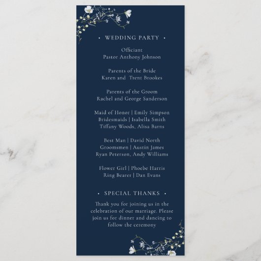 Hochzeit von Navy Blue Elegant Winter Wildblumen Programm (Rückseite)