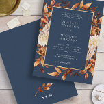 Hochzeit von Navy Blue Fall Einladung<br><div class="desc">Einladung zur Hochzeitsfeier in Blauer Fall. Dieses elegante Hochzeitsangebot mit wunderschönen handbemalten Blätter in Aquarell, Orange- und Terrakotta, cremefarbenen und beigen Dahlien und wunderschönen Rost- und Brauntönen auf weißem Hintergrund, perfekt für eine Herbsthochzeit! Die Rückseite der Einladung hat einen schönen Zweig von Blätter mit der Braut und Bräutigam Mongramm. Finden...</div>