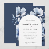 Hochzeit von Navy Blue Floral Einladung (Vorne/Hinten)