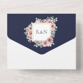 Hochzeit von Navy Blue Floral Gold All In One Einladung (Rückseite)