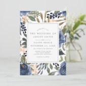 Hochzeit von Navy Blue Floral Pattern Einladung (Stehend Vorderseite)