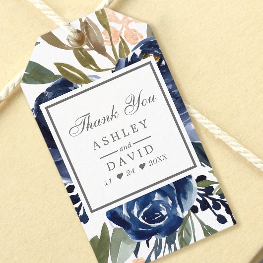 Hochzeit von Navy Blue Floral Pattern Geschenkanhänger