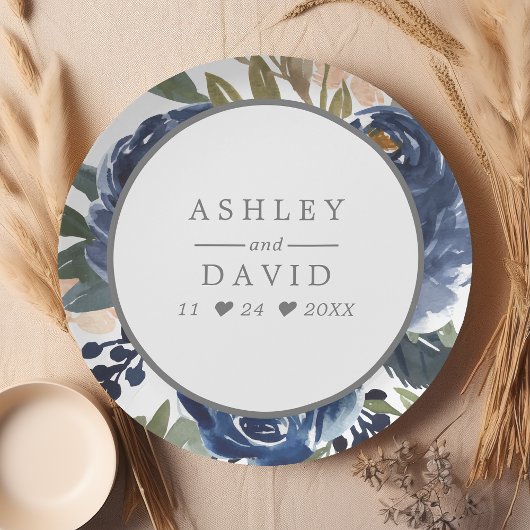 Hochzeit von Navy Blue Floral Pattern Pappteller