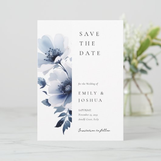 Hochzeit von Navy Blue Floral Save The Date (Stehend Vorderseite)